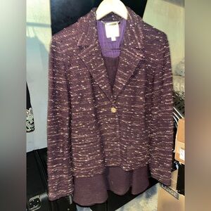 St. John Purple Tweed Blazer with Gold Button with skirt